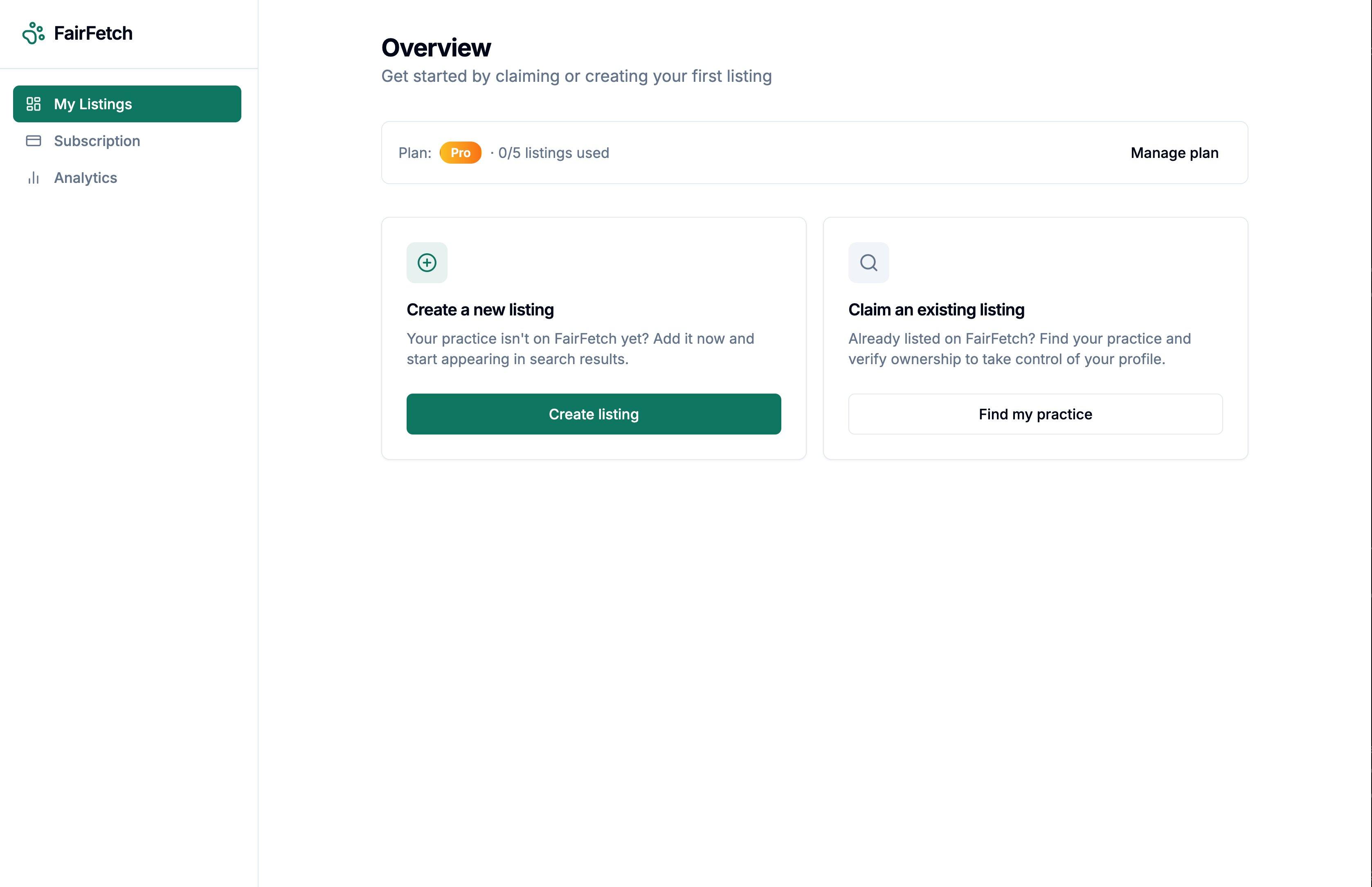 My Listings page on the FairFetch dashboard