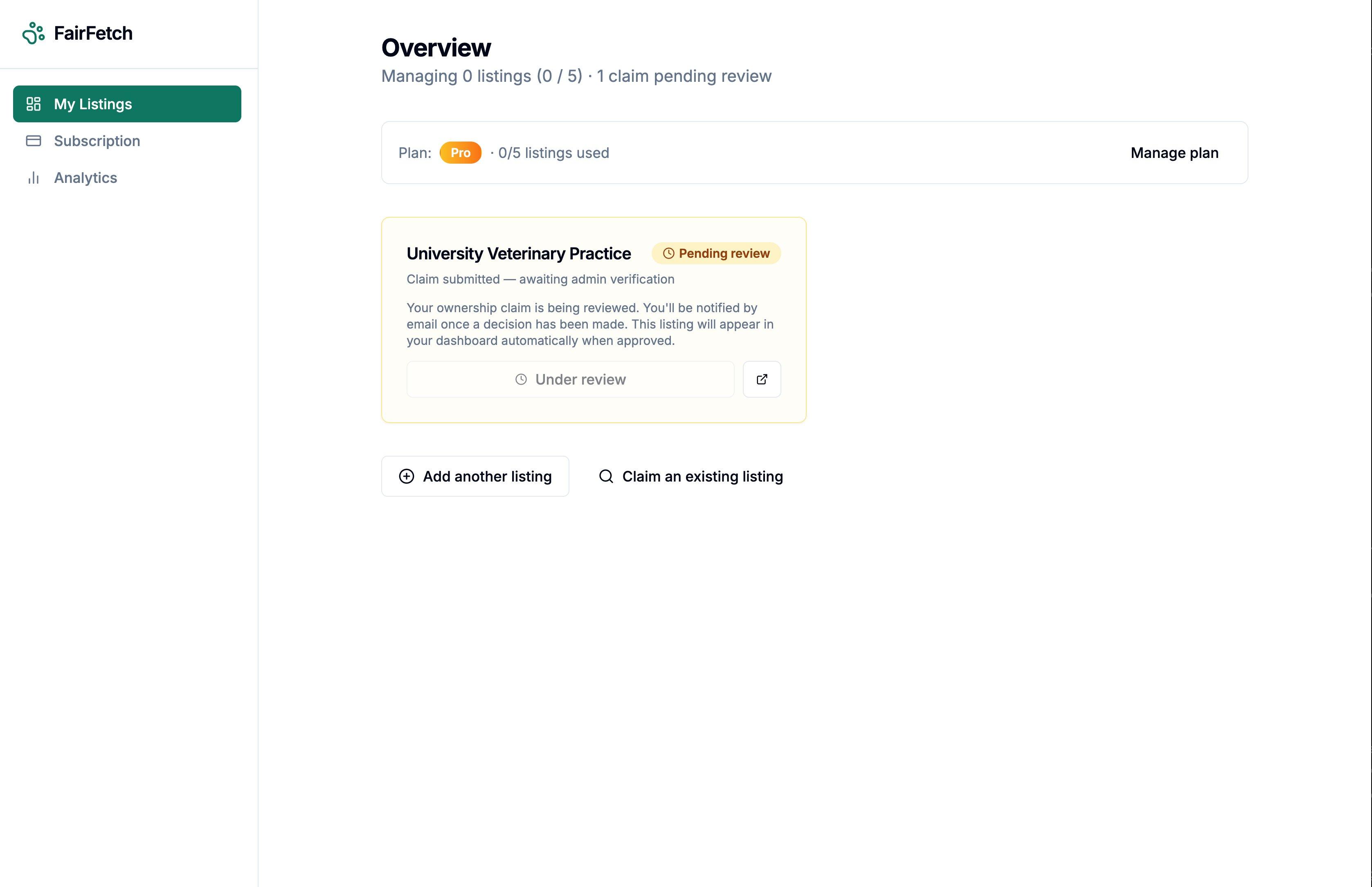 Pending claim on dashboard