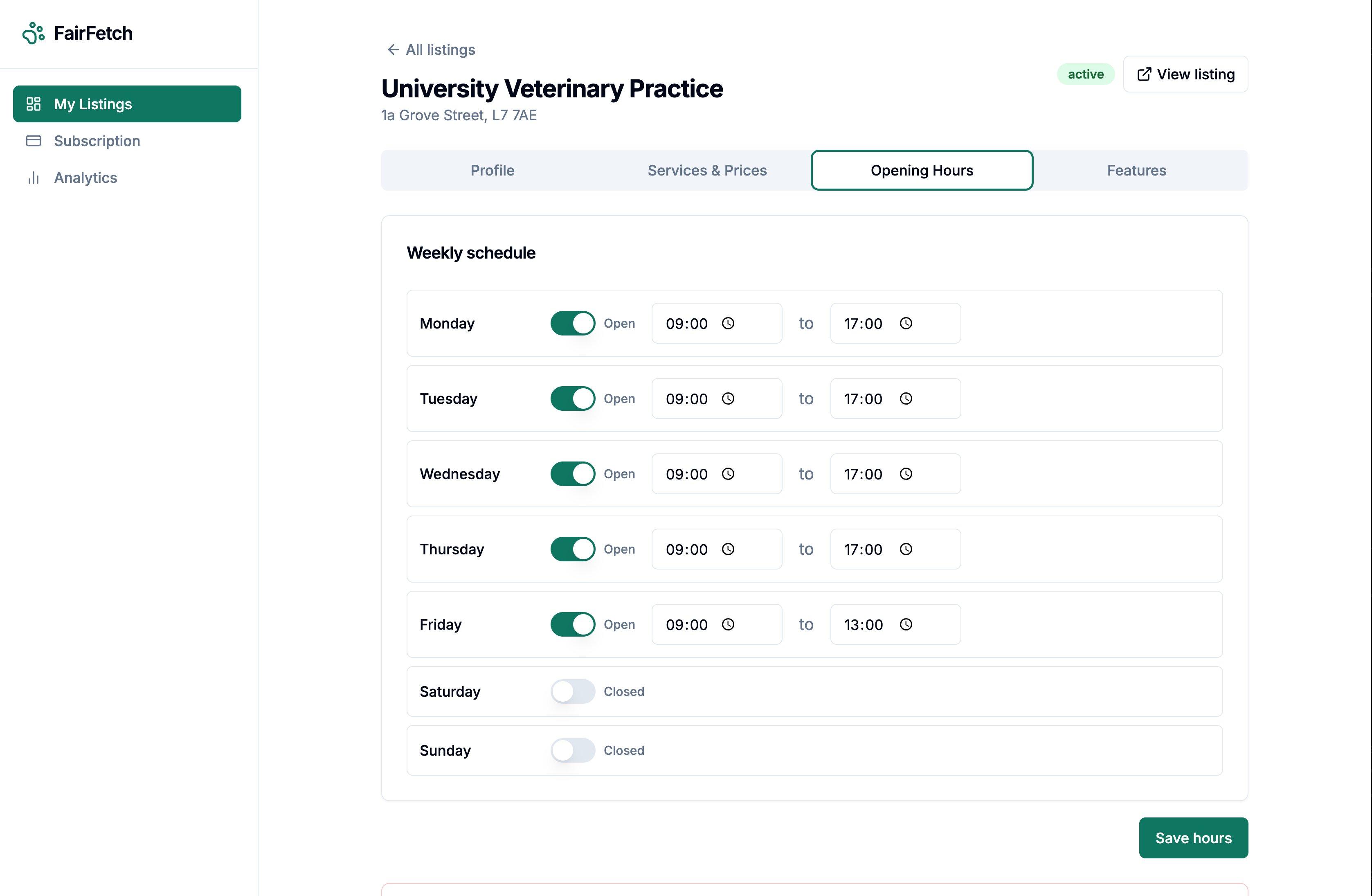 Update Opening Hours on FairFetch dashboard