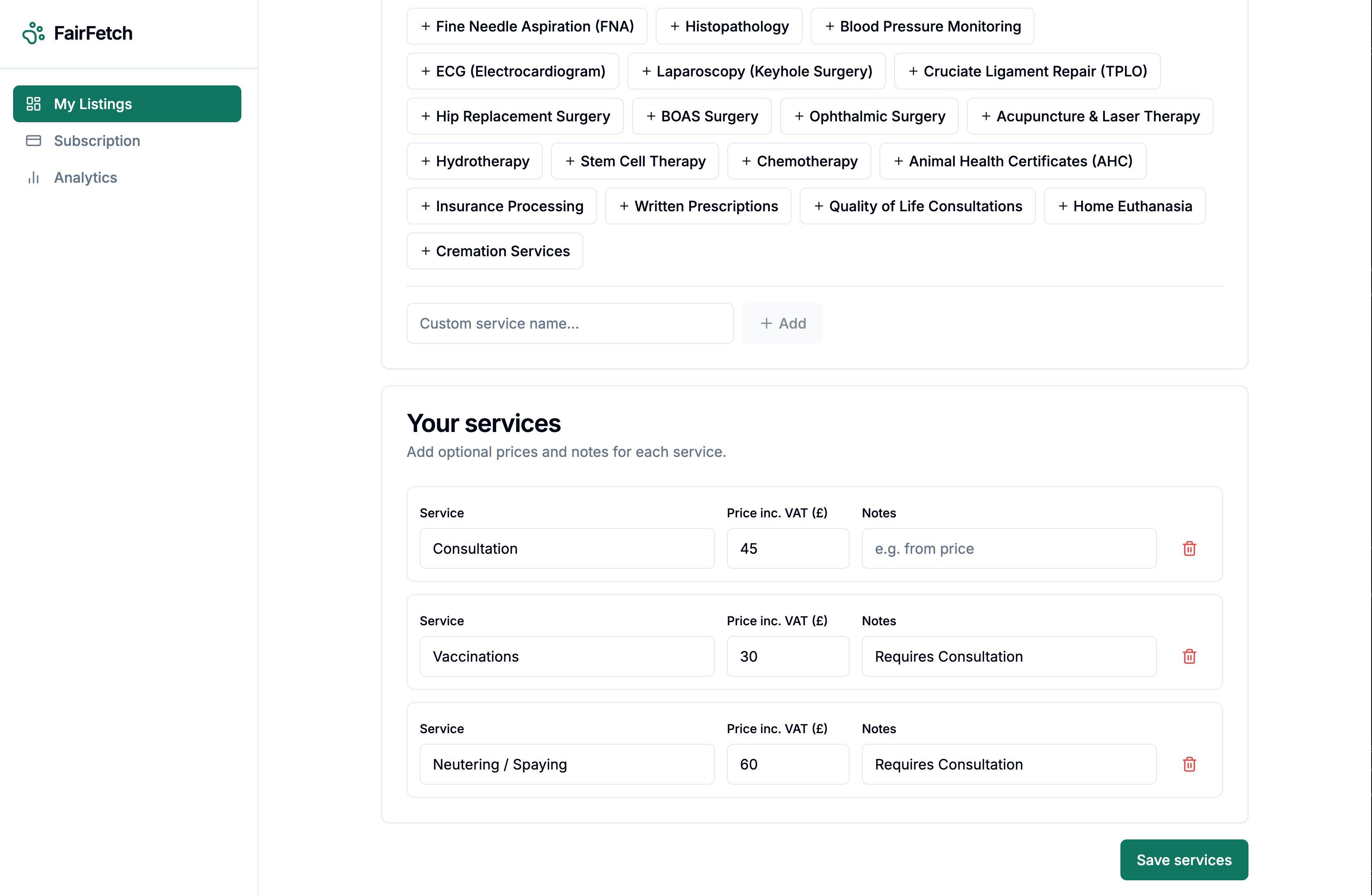 Update Services & Prices on FairFetch dashboard
