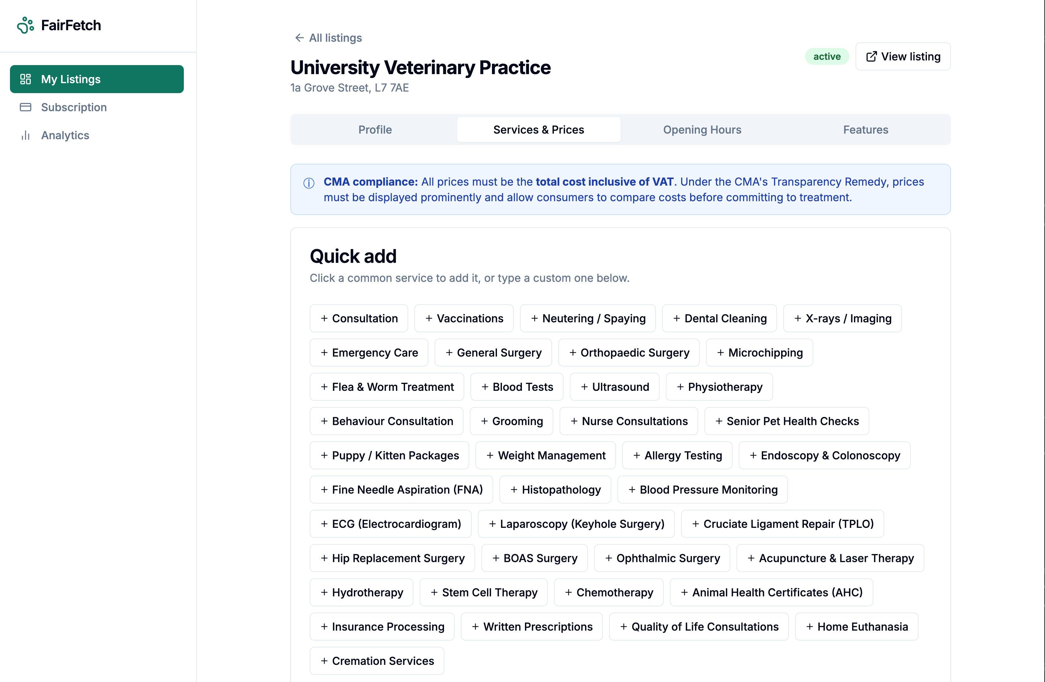 Update Price list on FairFetch dashboard